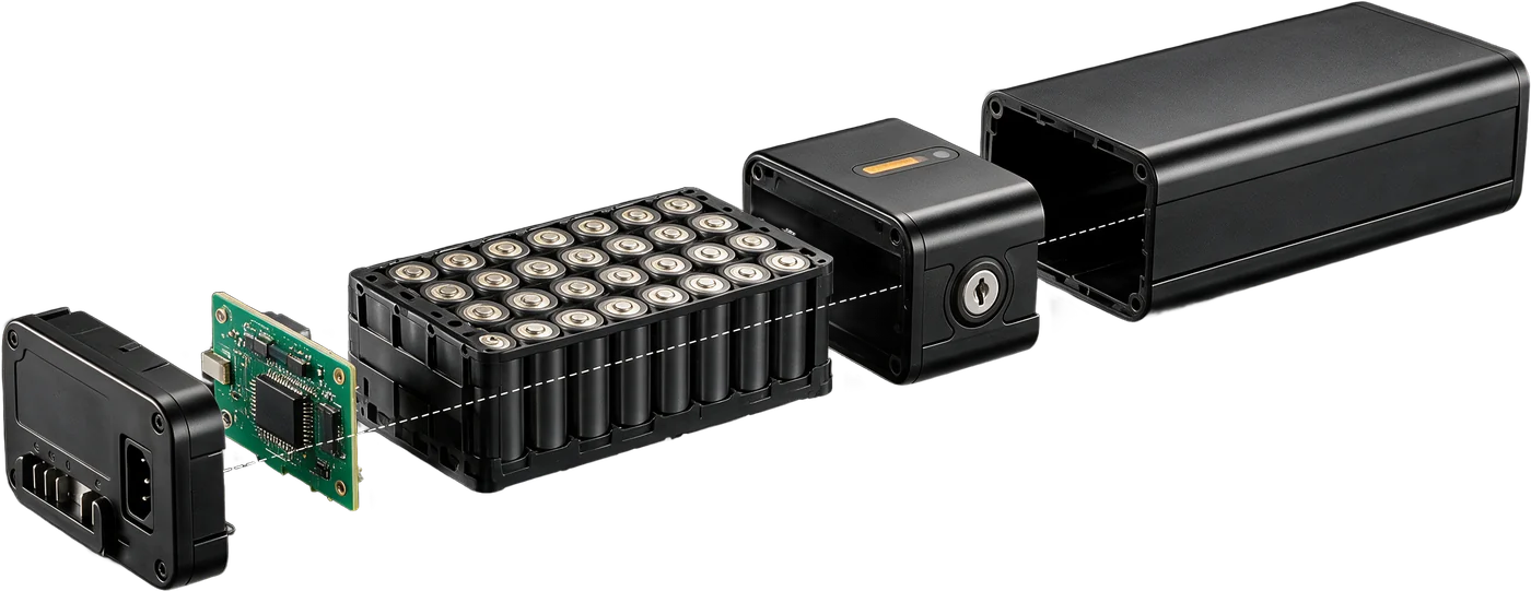 The 468Wh battery separated into casing, lid, cell stack, control board and end cap