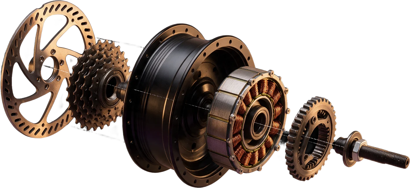 The 250W hub drive separated into rotor, cassette, shell, stator, gear ring and axle