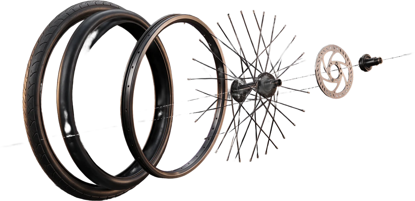 The 26-inch wheel separated into tyre, tube, rim, spokes, rotor and hub